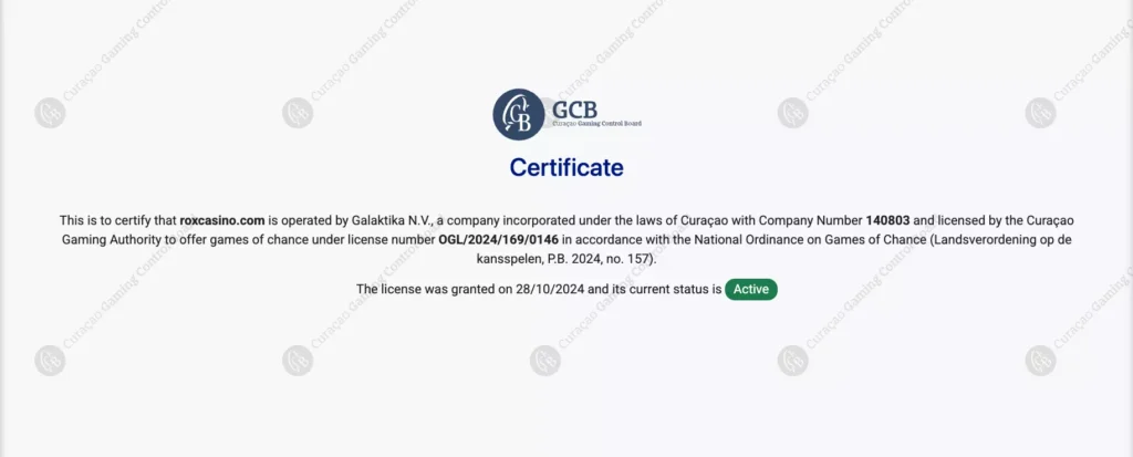 Лицензия Rox Casino